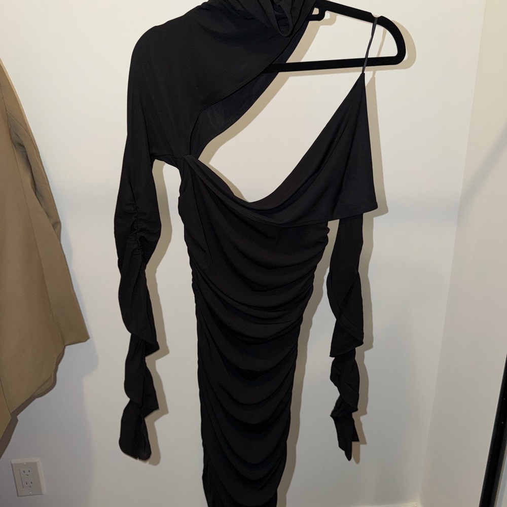 H&M X Mugler Black One-Shoulder Dress with Ruched Sleeves